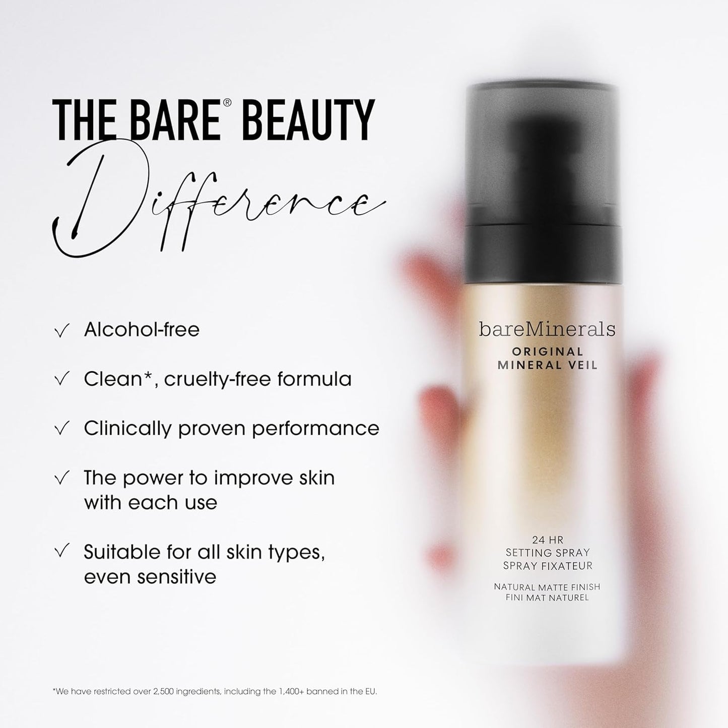 bareMinerals Original Mineral Veil Natural Matte Setting Spray, 24HR Makeup Lock & Oil Control, Alcohol-Free, Sweat & Transfer-Proof, Ultra-Fine Mist for Smooth, Matte Finish