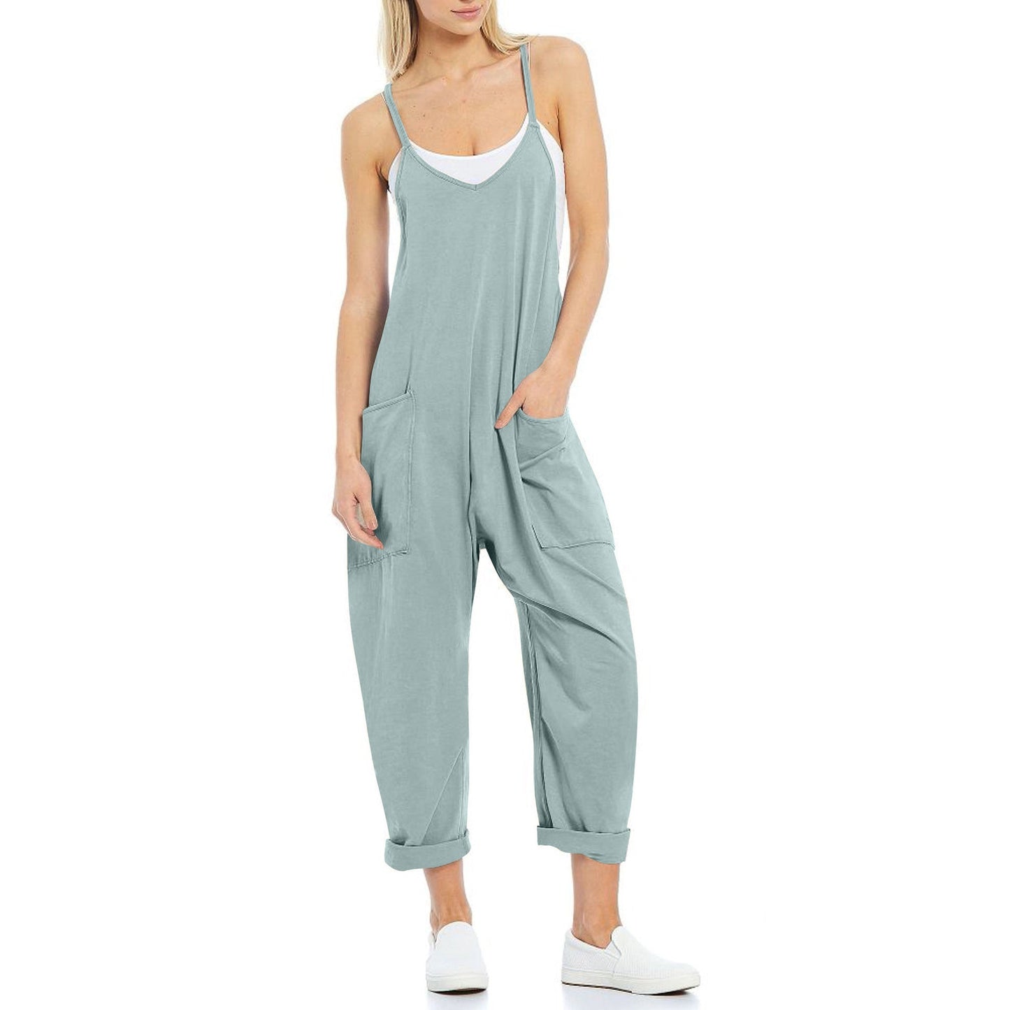 Women's Knitted One-Piece Trousers with Pocket and Spaghetti Straps
