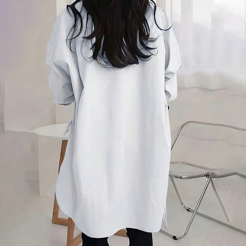 Loose-Fit Long Sleeve Shirt - Side Slit Tie Detail Button-Down Blouse, Solid Color Top