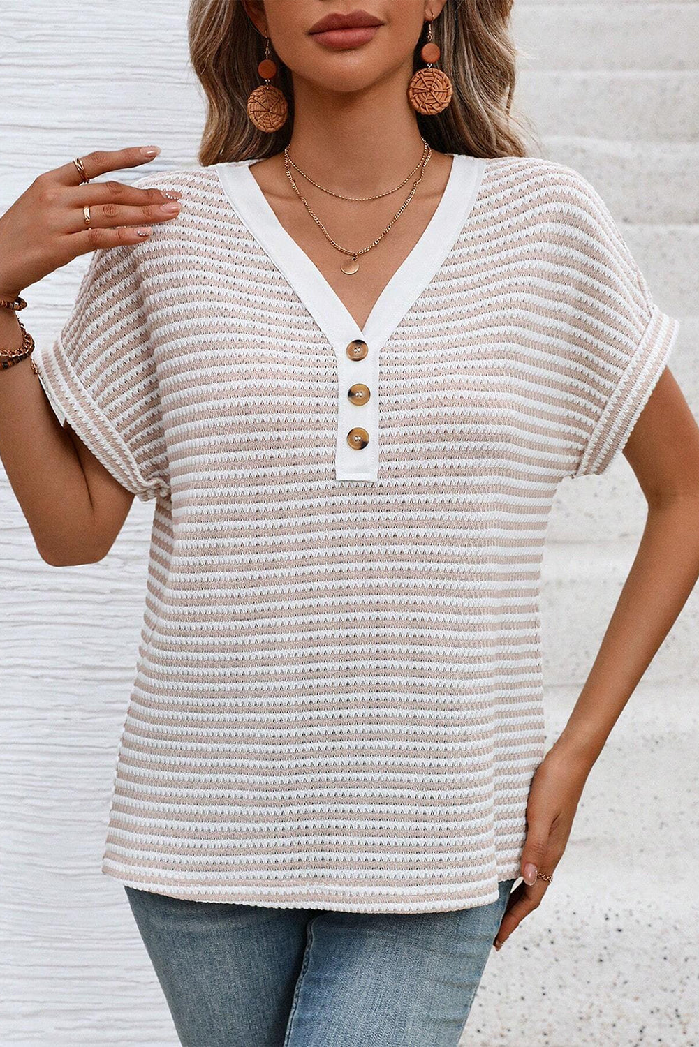 Khaki Striped Button Front V Neck Knitted Women's Top