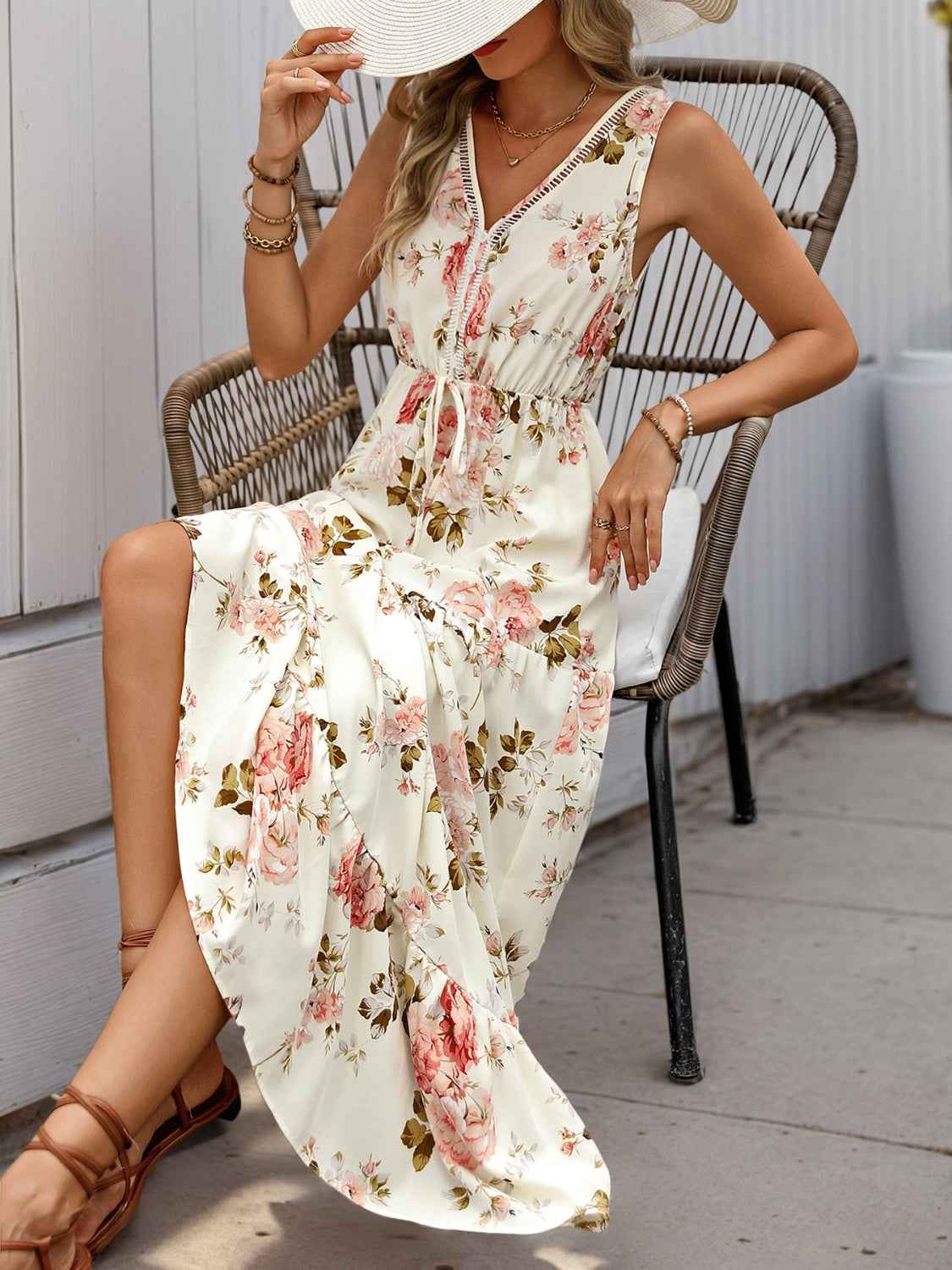 Printed Ruffled Hem Dress - V-Neck Sleeveless Style