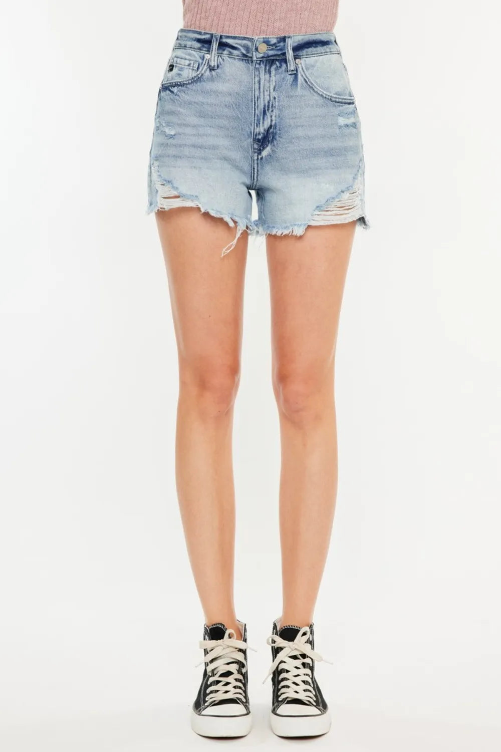 Distressed High Waist Denim Shorts with Pockets