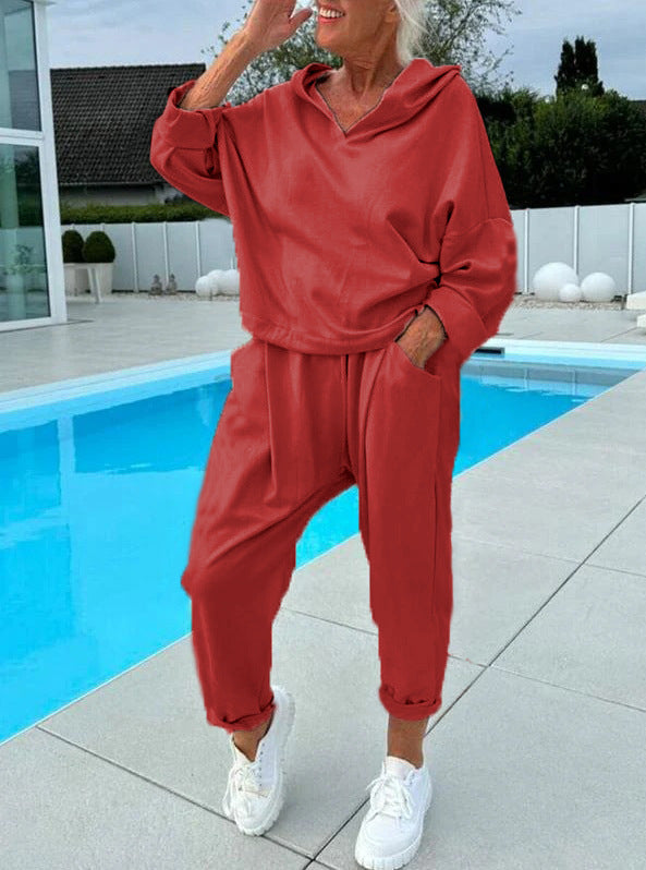 Solid Color Women's Sweatsuit Two-piece Hooded Set