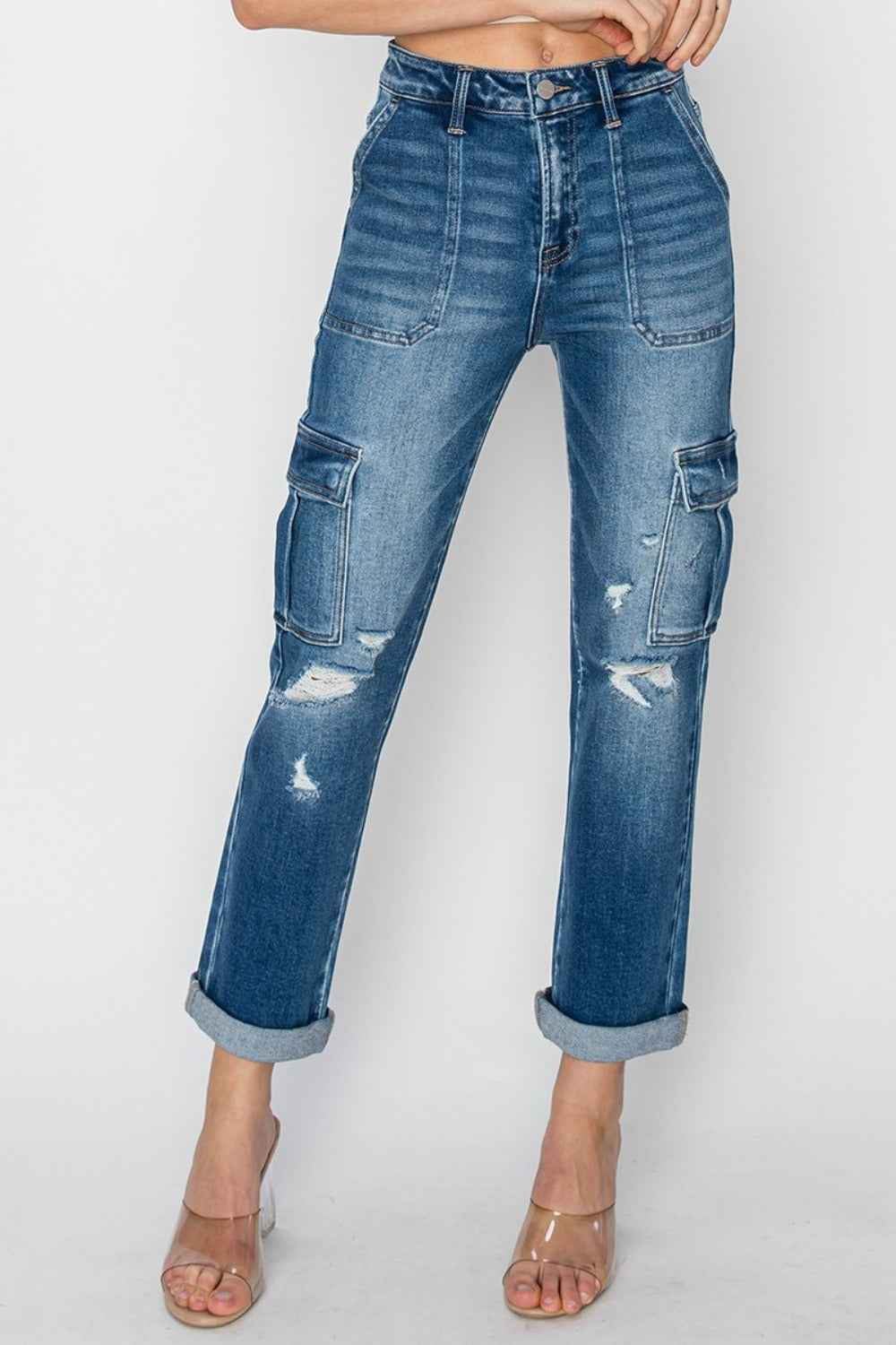 RISEN High Rise Cargo Jeans Full Size Ankle Roll Up Straight Women’s Jeans
