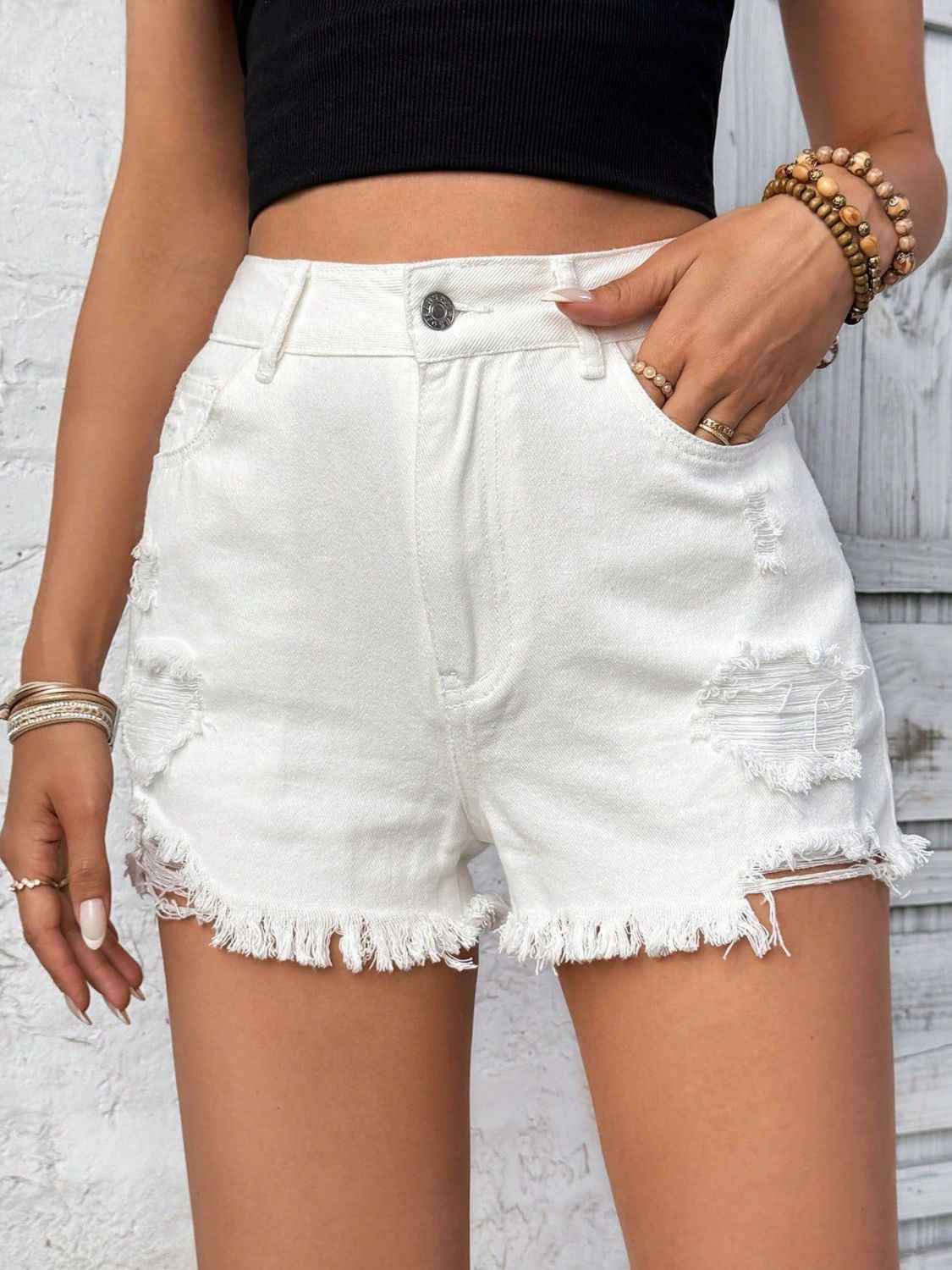 Distressed High Rise Denim Shorts with Raw Hem