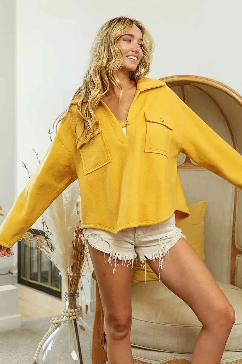 BiBi Fleece Collared Sweatshirt with Flap Pockets for Women