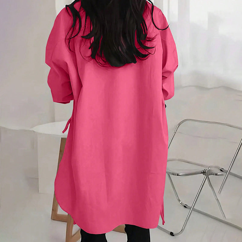 Loose-Fit Long Sleeve Shirt - Side Slit Tie Detail Button-Down Blouse, Solid Color Top