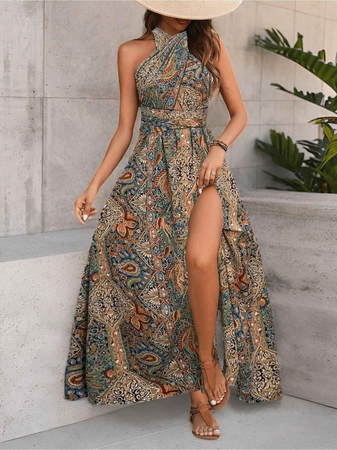 Maxi Dress with Tie Detail - High Waisted Cross Halter Neck, Flowing Teal & Brown Paisley Vacation Gown, Machine Washable Summer Fashion