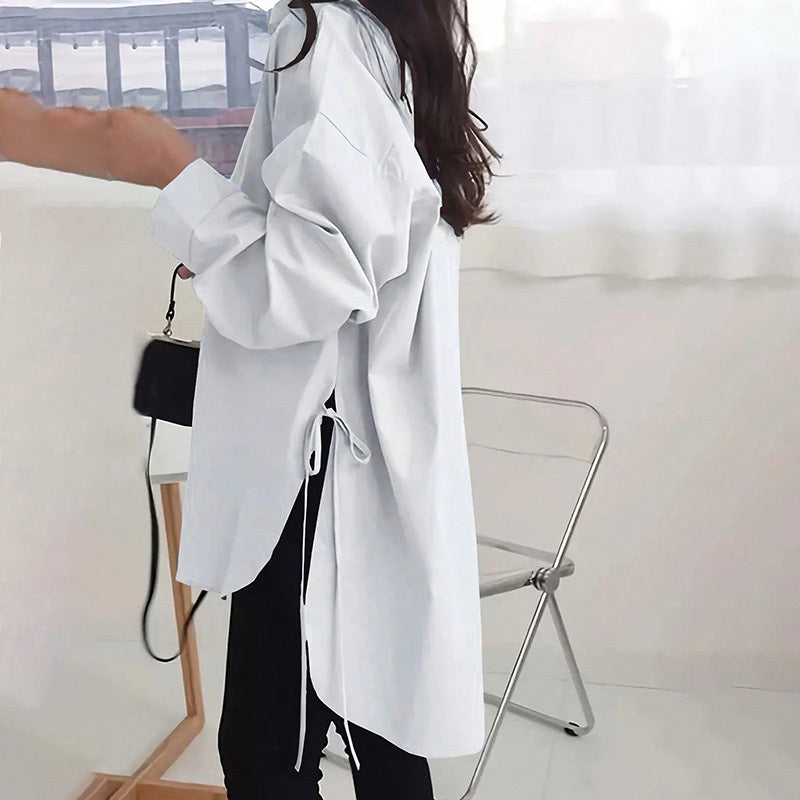 Loose-Fit Long Sleeve Shirt - Side Slit Tie Detail Button-Down Blouse, Solid Color Top