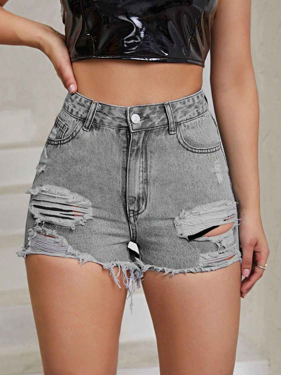 Distressed High Rise Denim Shorts with Raw Hem