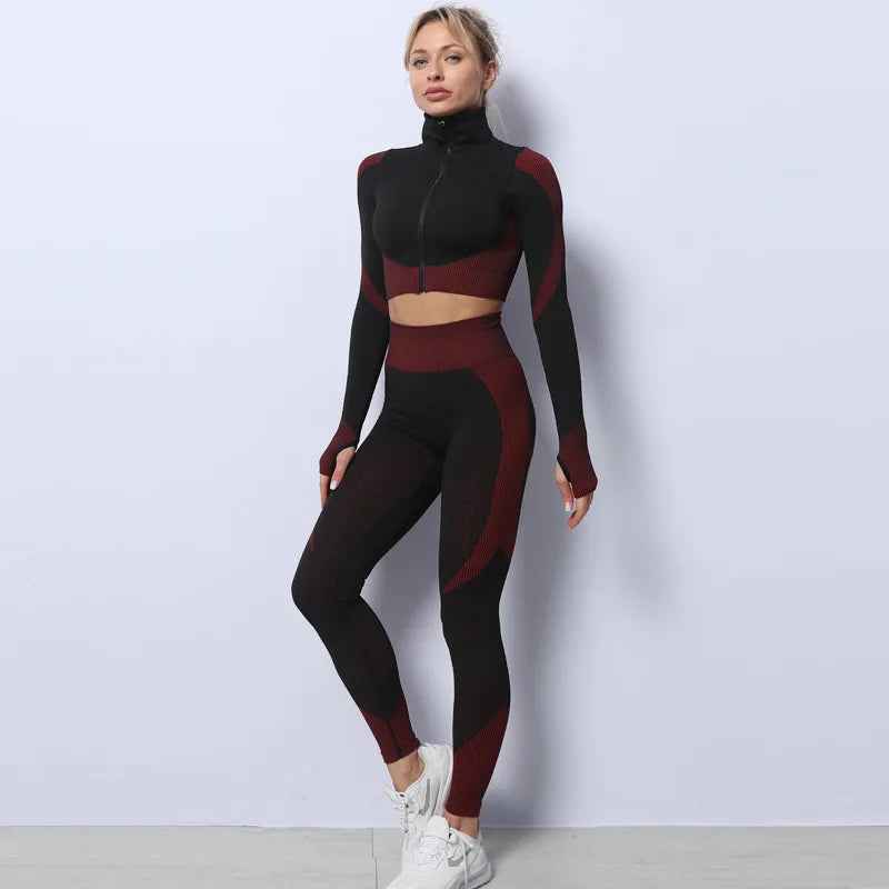 Tracksuit Set 3 Piece High Waist Leggings and Crop Top Zip Up