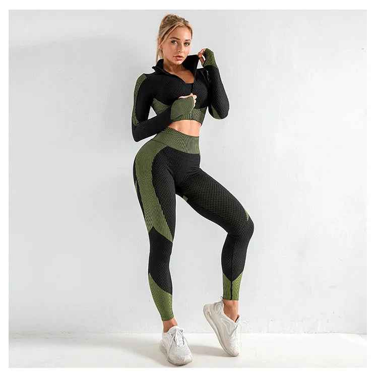 Tracksuit Set 3 Piece High Waist Leggings and Crop Top Zip Up