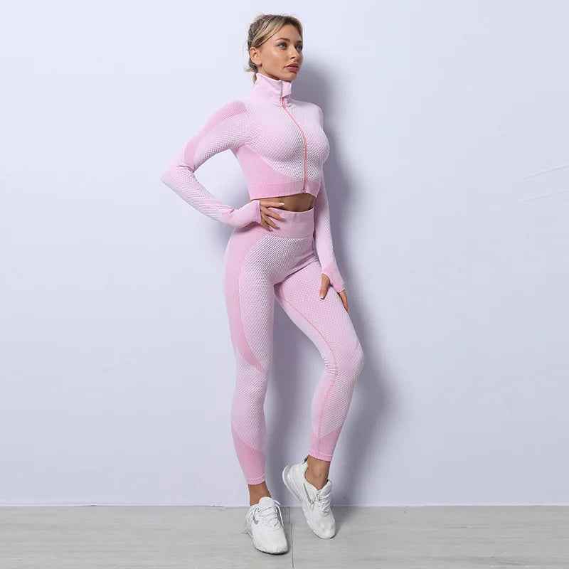 Tracksuit Set 3 Piece High Waist Leggings and Crop Top Zip Up