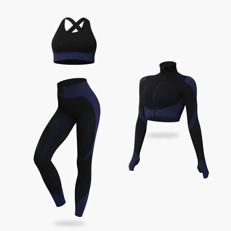 Tracksuit Set 3 Piece High Waist Leggings and Crop Top Zip Up