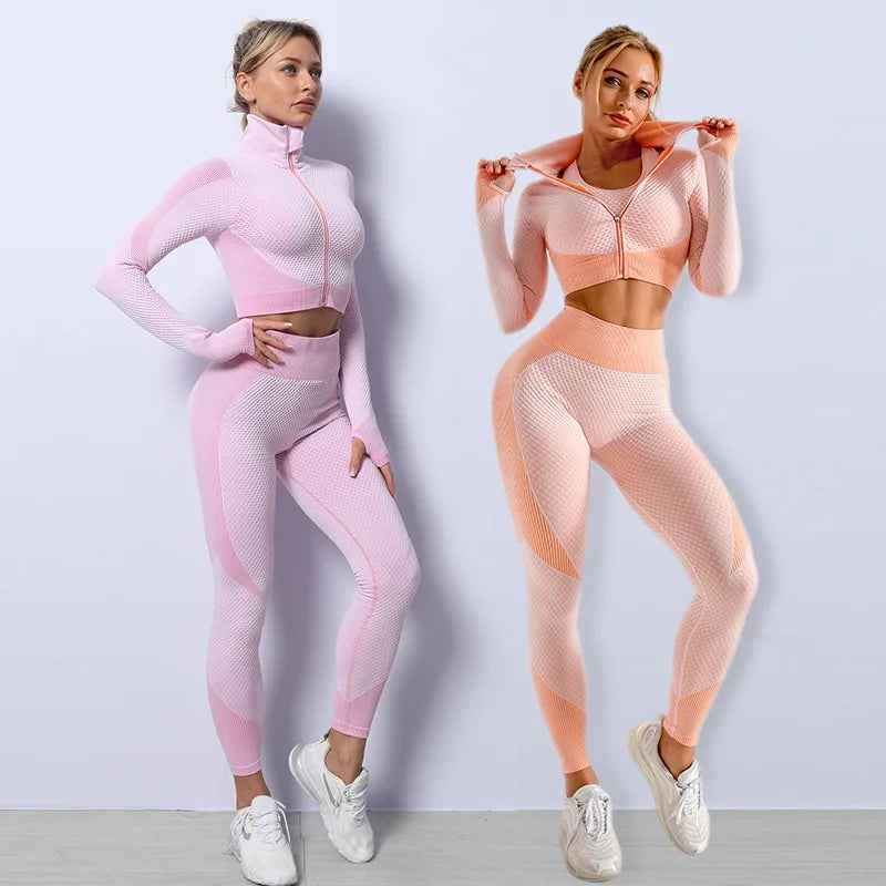 Tracksuit Set 3 Piece High Waist Leggings and Crop Top Zip Up
