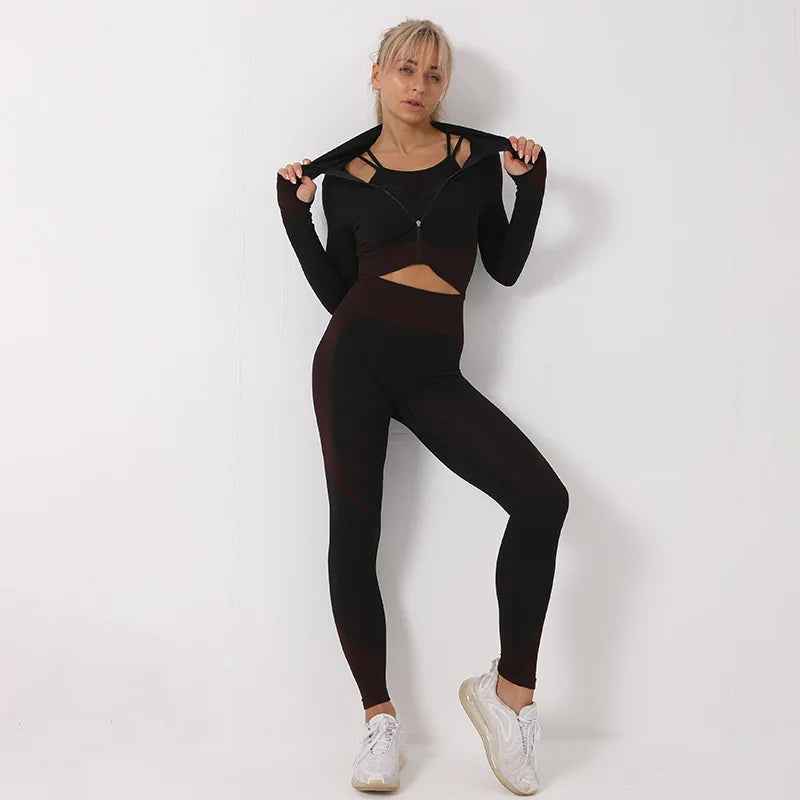 Tracksuit Set 3 Piece High Waist Leggings and Crop Top Zip Up