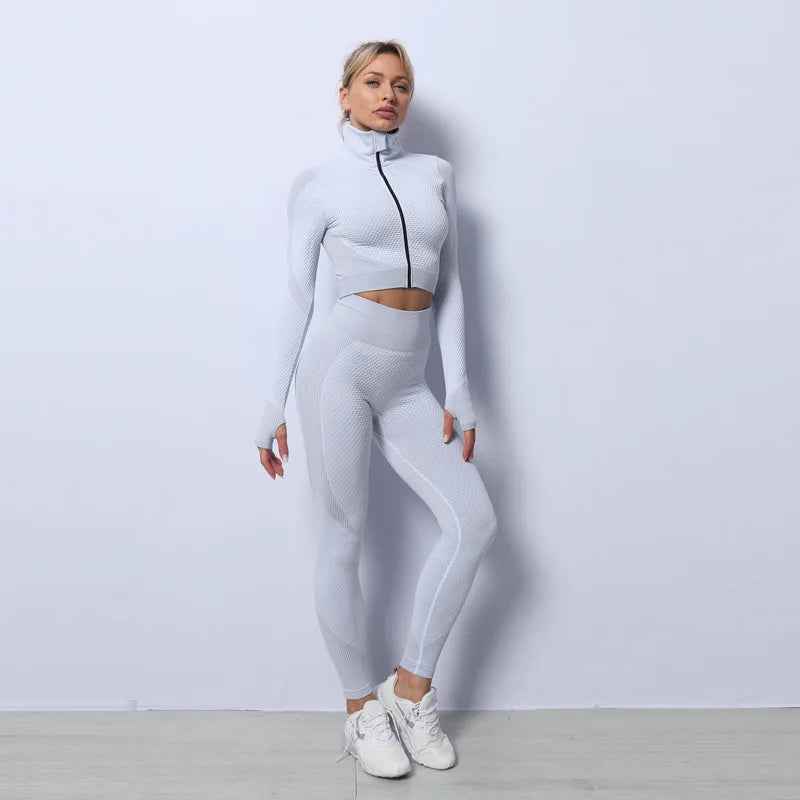 Tracksuit Set 3 Piece High Waist Leggings and Crop Top Zip Up