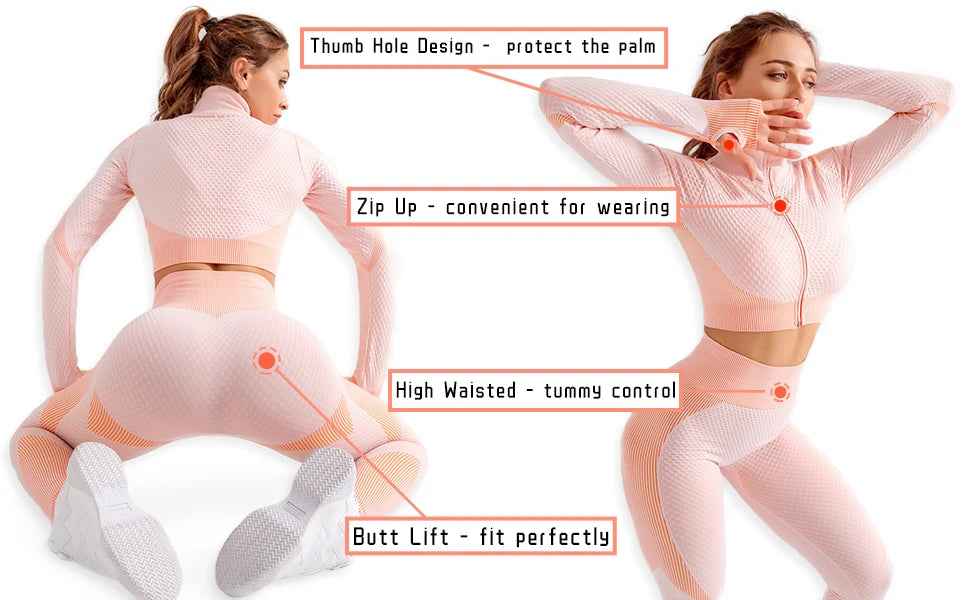 Tracksuit Set 3 Piece High Waist Leggings and Crop Top Zip Up