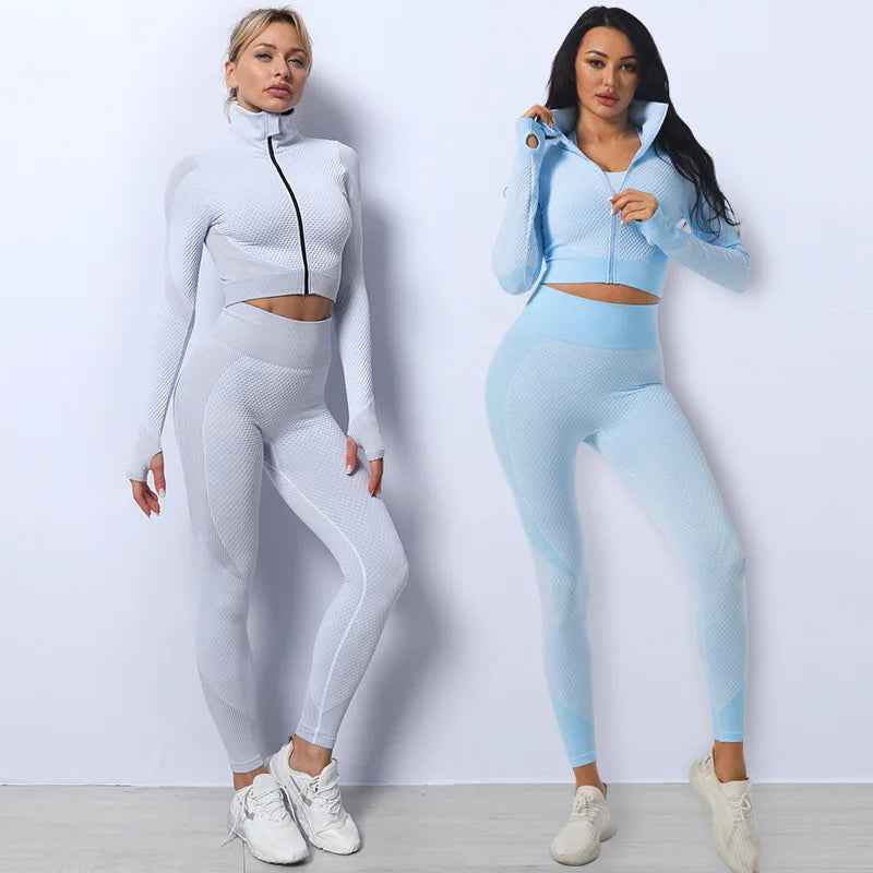 Tracksuit Set 3 Piece High Waist Leggings and Crop Top Zip Up
