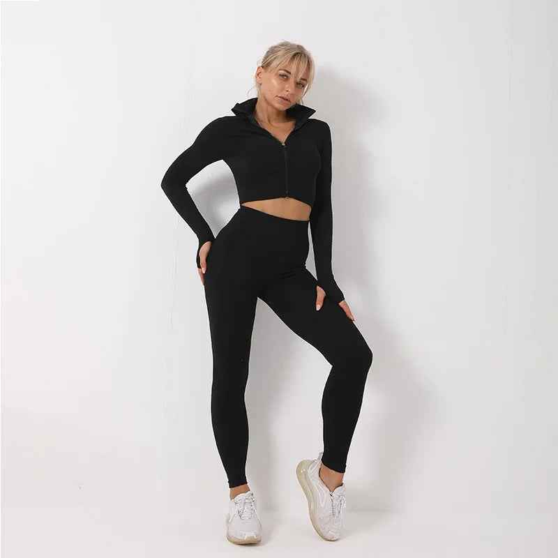 Tracksuit Set 3 Piece High Waist Leggings and Crop Top Zip Up