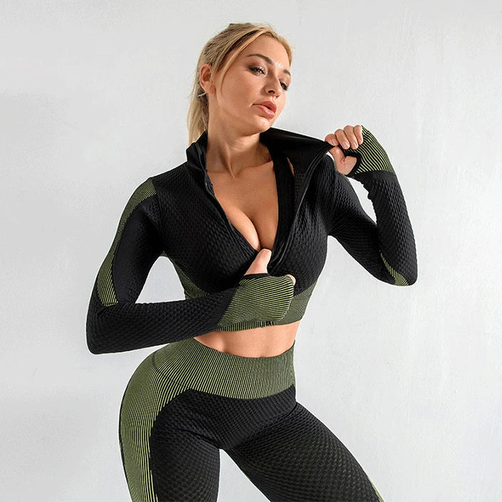 Tracksuit Set 3 Piece High Waist Leggings and Crop Top Zip Up