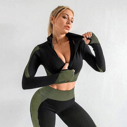 Tracksuit Set 3 Piece High Waist Leggings and Crop Top Zip Up