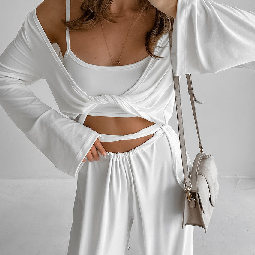 Suspender Top Trousers Long Sleeve Three Piece Set Comfortable Pajamas Autumn Knit Casual Homewear