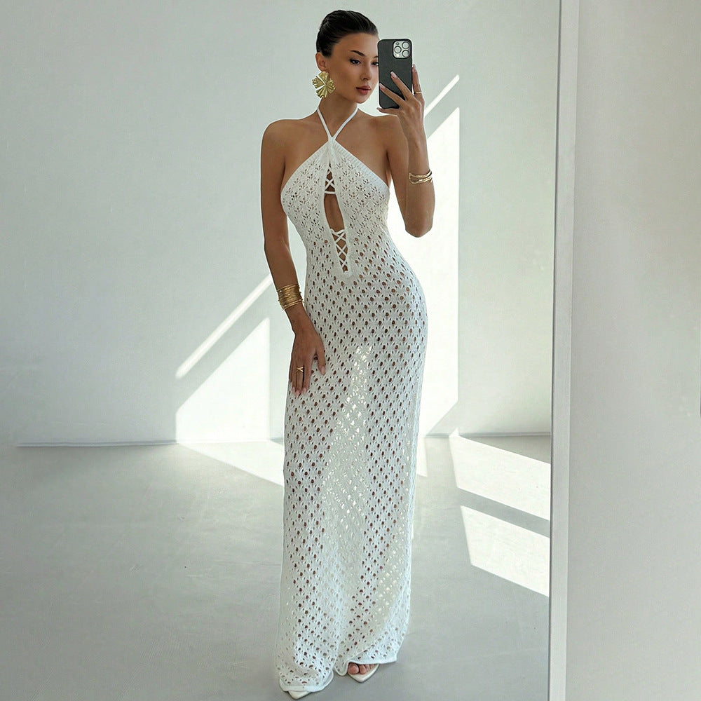 Summer Cutout Knitted Beach Skirt Bikini Swimsuit Solid Color Dress Women