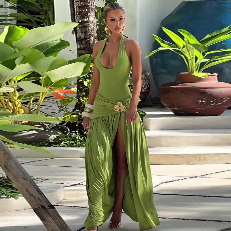 Summer Stitching Ribbon Ruffled Slim Street Mid Solid Color Two Piece Sets