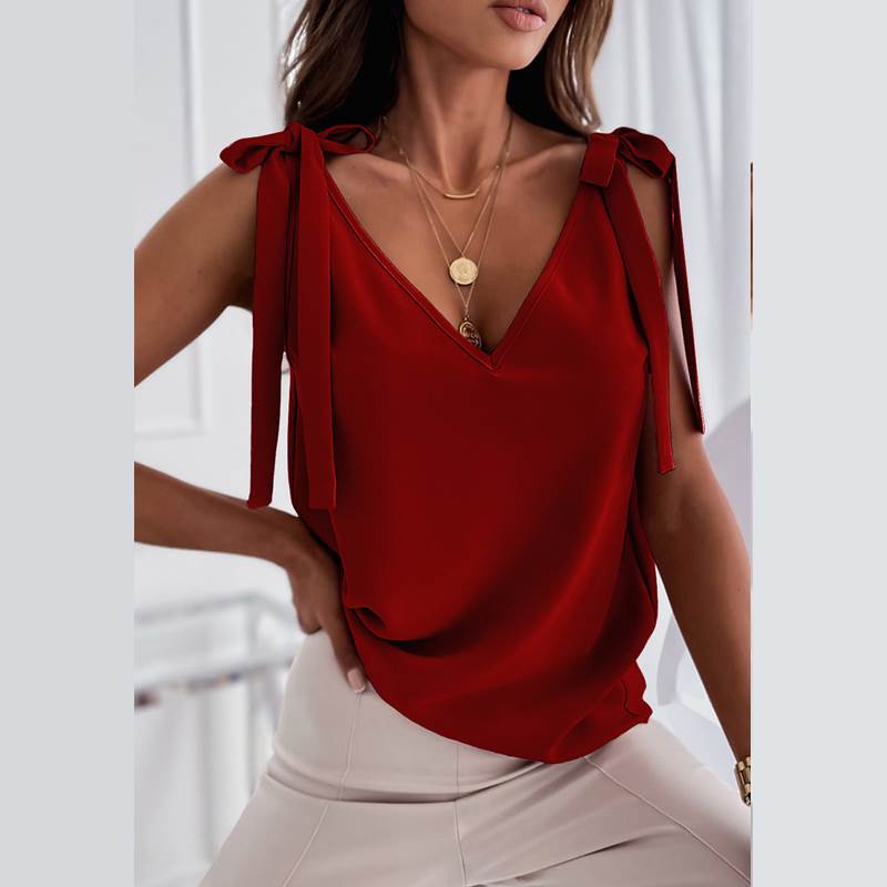 Minimalist V Neck Women's Top - Summer Sleeveless Solid Color Deep V Neck Open Back Design