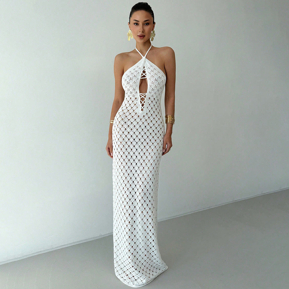 Summer Cutout Knitted Beach Skirt Bikini Swimsuit Solid Color Dress Women