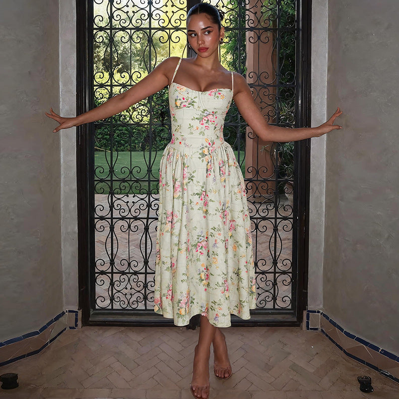 Summer Women Clothing French Sexy Backless Waist Trimming Slimming Printed Dress Women