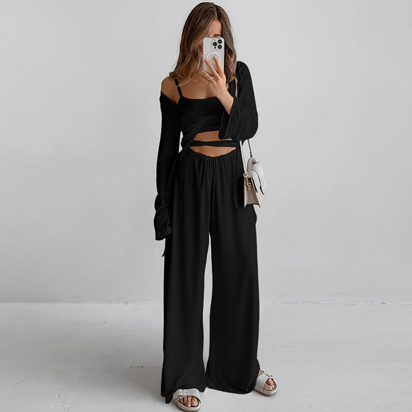 Suspender Top Trousers Long Sleeve Three Piece Set Comfortable Pajamas Autumn Knit Casual Homewear