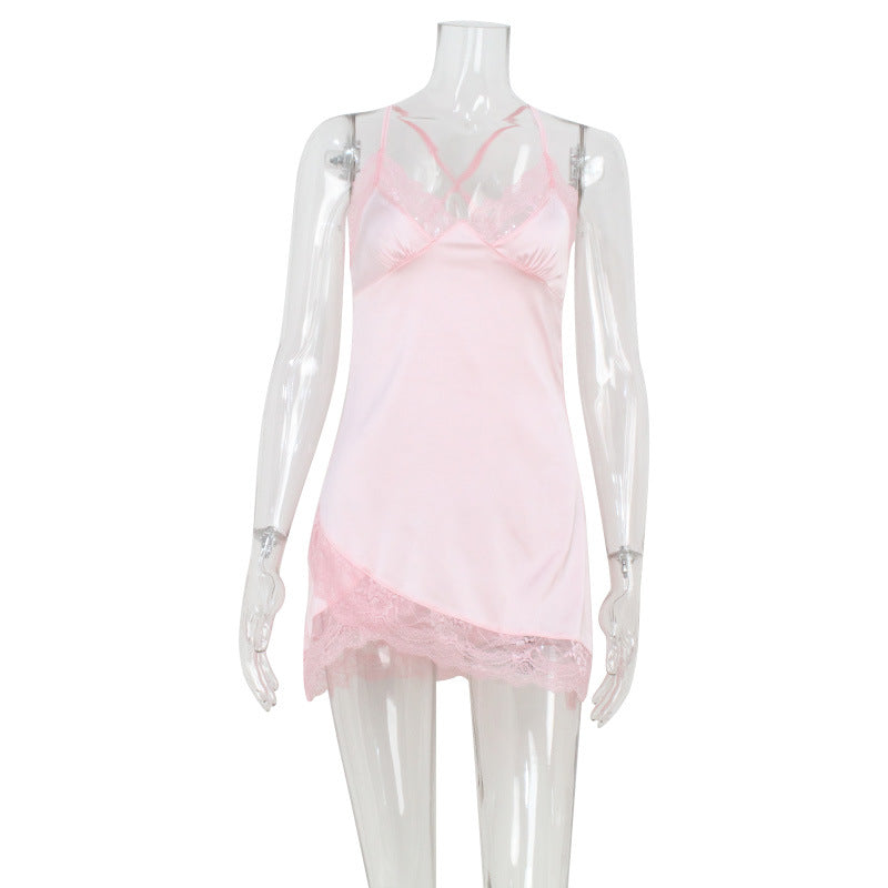 Summer V neck Lace Edge Dress Satin Skin Friendly Sexy Pink Sling Pajamas