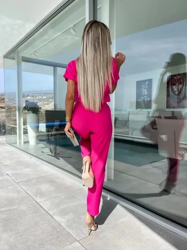 Summer Jumpsuit Solid Color Short Sleeve V-neck Pocket Lace-up Pencil Long Pants