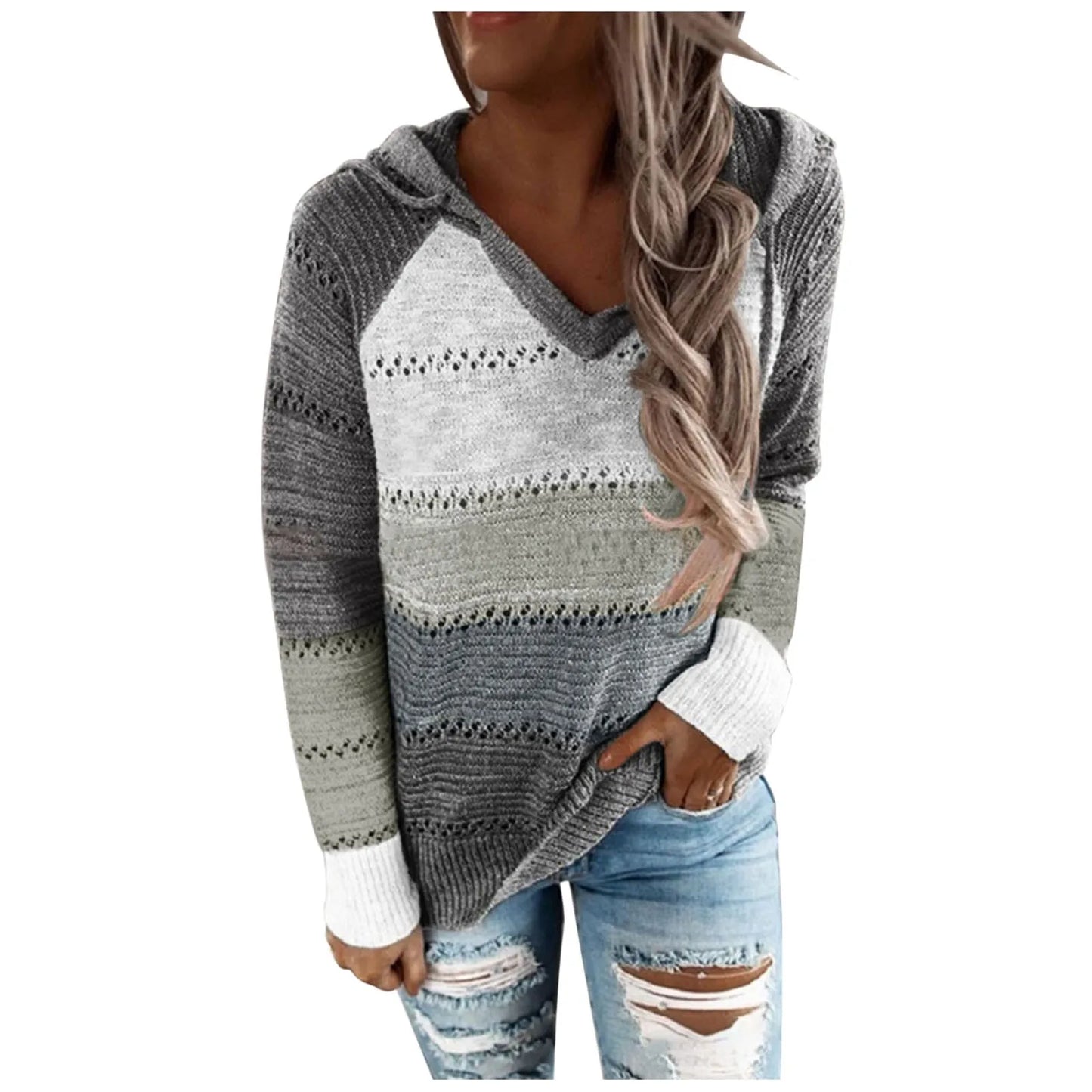 Plus Size 5XL Autumn Winter Women's Pullover Fashion Patchwork Long Sleeve Knit Sweater Tops Women Crochet Hollow Hooded Sweater