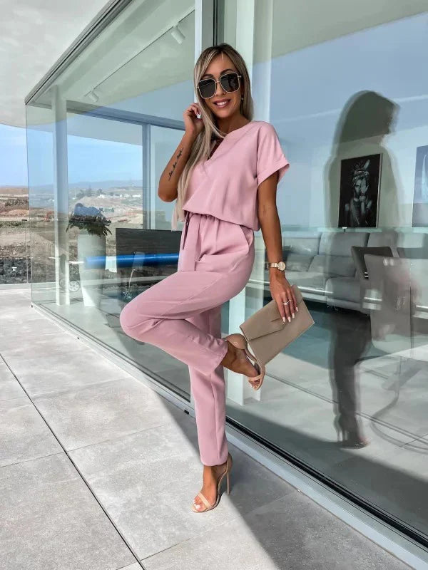 Summer Jumpsuit Solid Color Short Sleeve V-neck Pocket Lace-up Pencil Long Pants