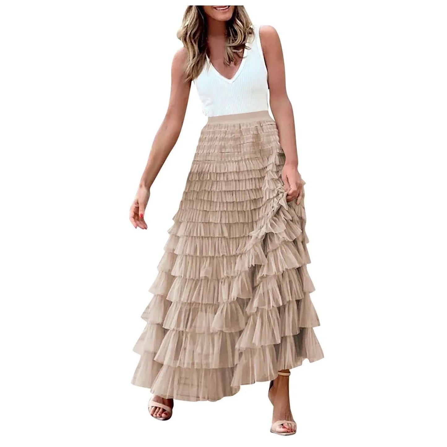 Summer Maxi Skirt for Women Elegant Layered Ruffles Design A-Line Evening Skirts High Street Office Lady