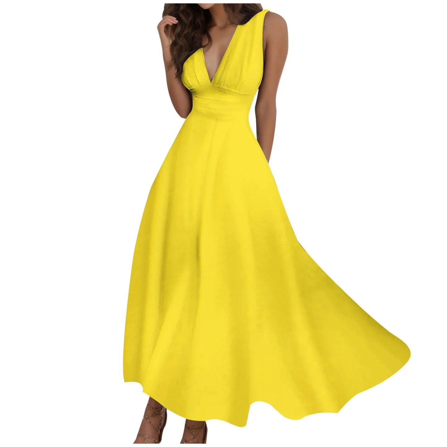 Sleeveless V Neck Side Zipper Long Dress Elegant Sundress