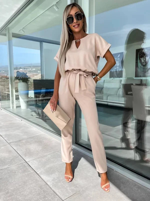 Summer Jumpsuit Solid Color Short Sleeve V-neck Pocket Lace-up Pencil Long Pants