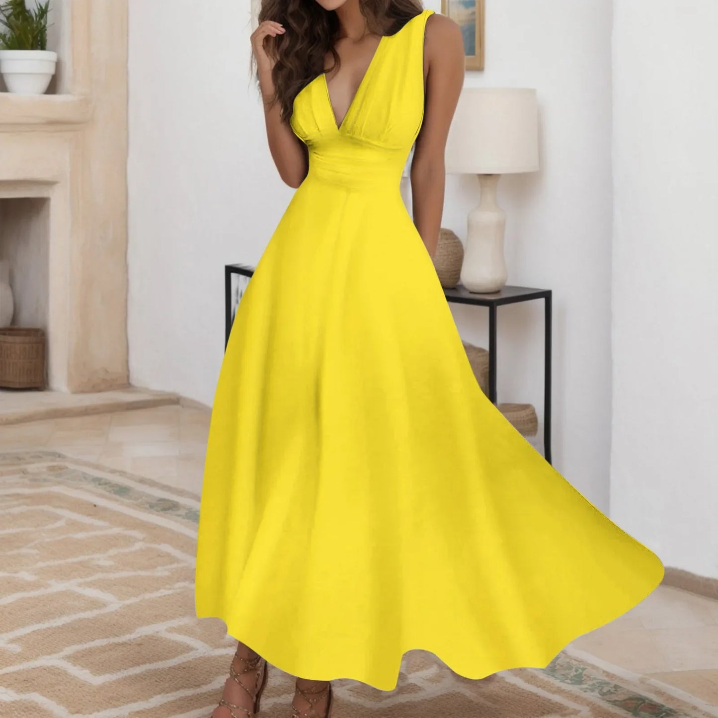 Sleeveless V Neck Side Zipper Long Dress Elegant Sundress