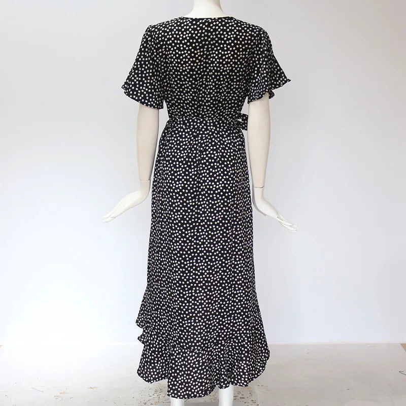 Summer Beach Maxi Dress Women Floral Print Boho Long Chiffon Ruffles Wrap Casual V-Neck Split Sexy Party Robe Femme