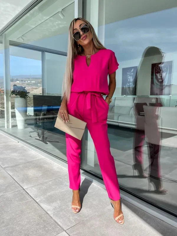 Summer Jumpsuit Solid Color Short Sleeve V-neck Pocket Lace-up Pencil Long Pants