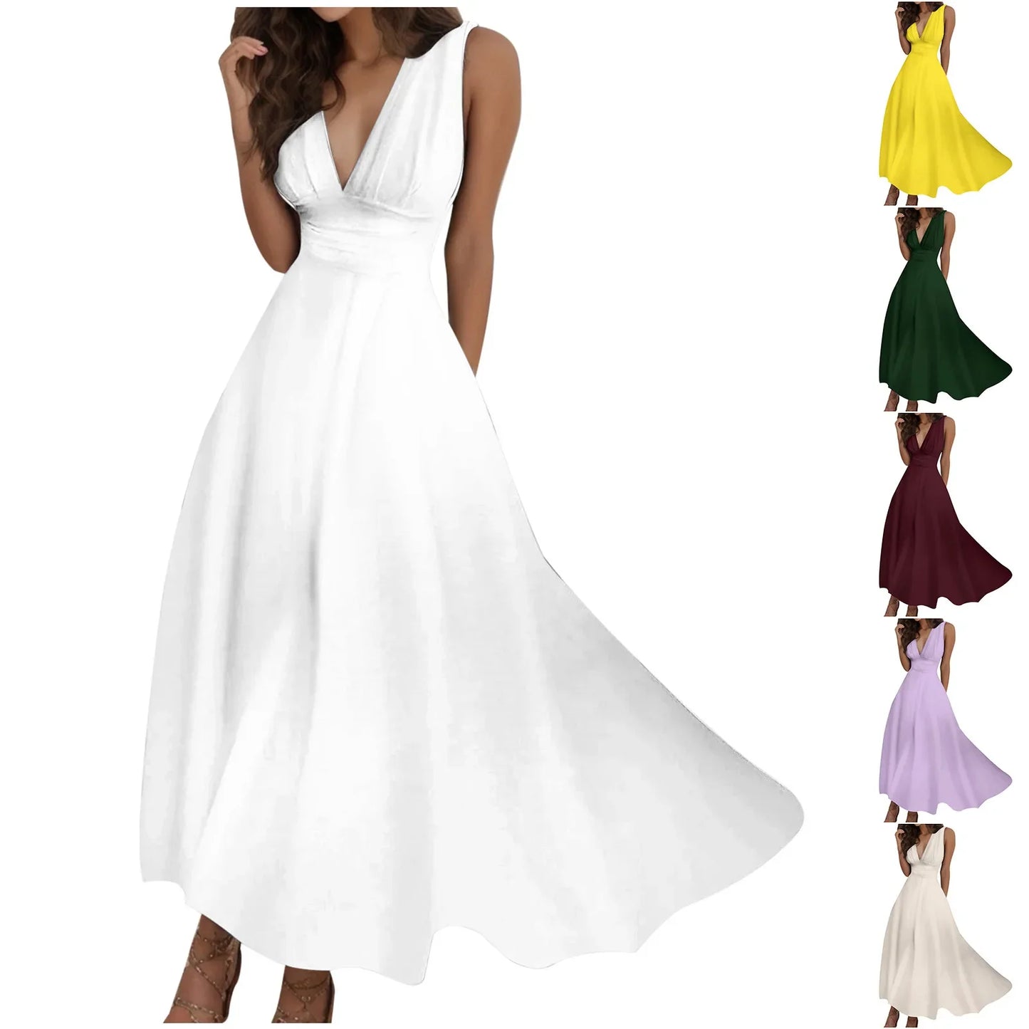 Sleeveless V Neck Side Zipper Long Dress Elegant Sundress
