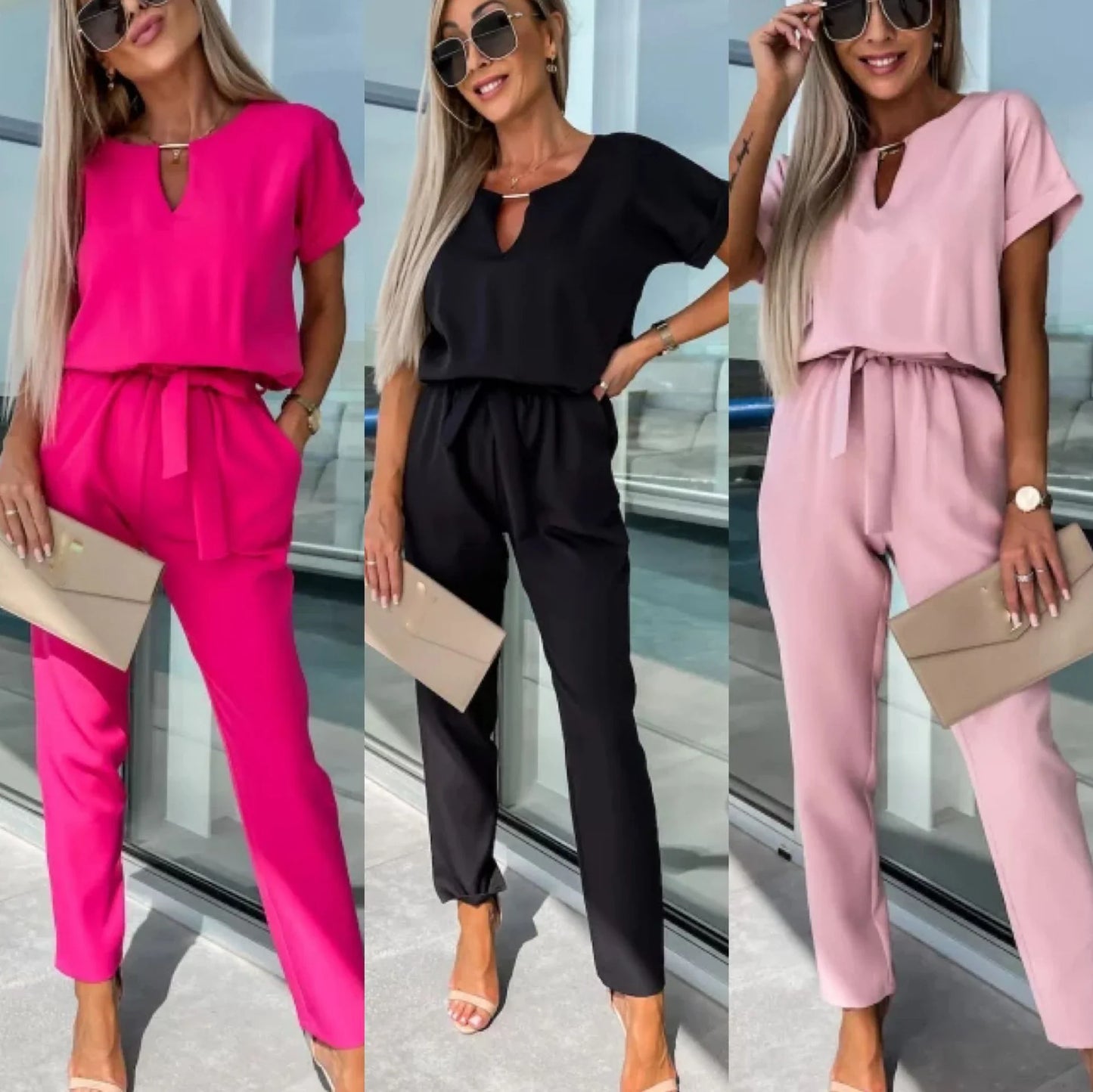 Summer Jumpsuit Solid Color Short Sleeve V-neck Pocket Lace-up Pencil Long Pants