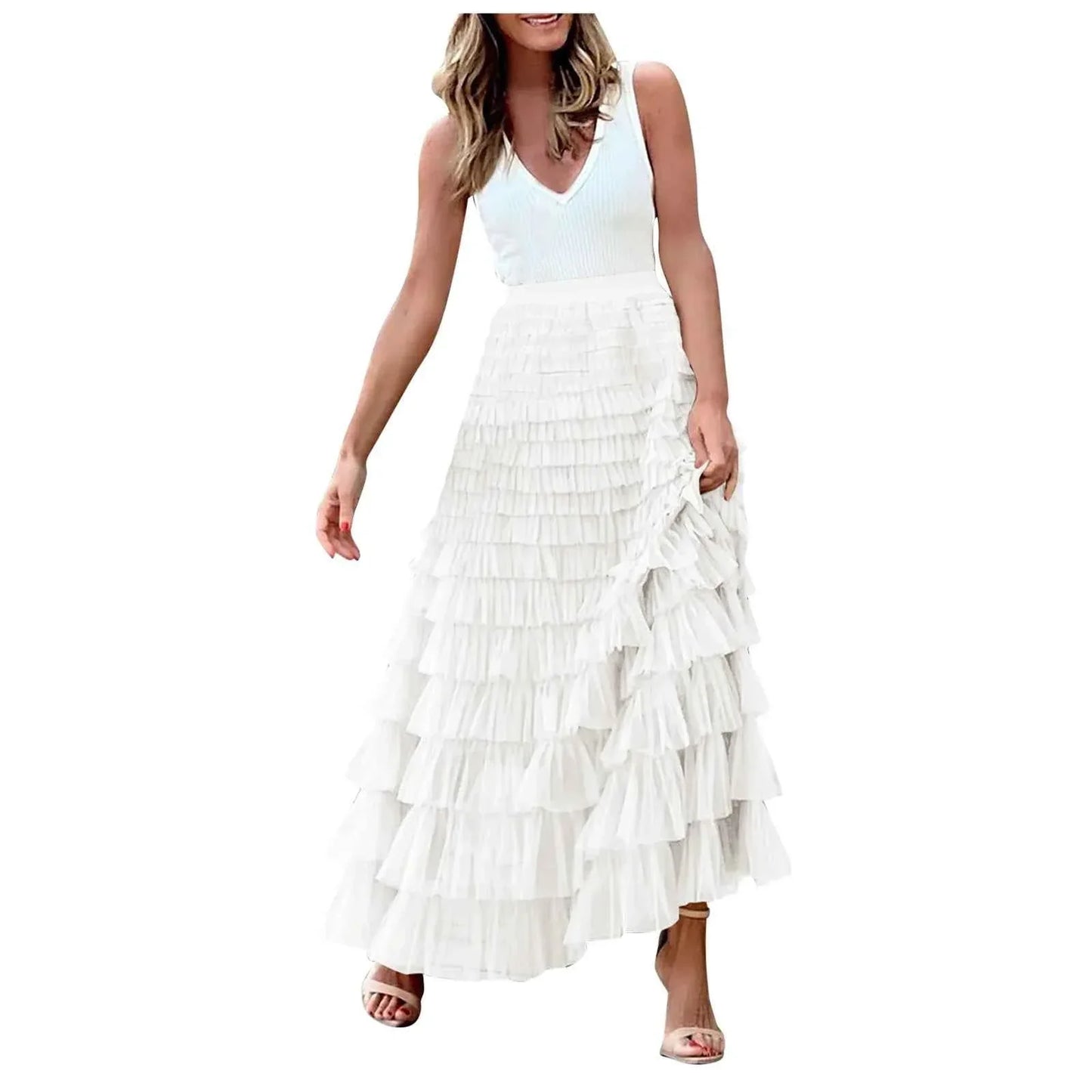 Summer Maxi Skirt for Women Elegant Layered Ruffles Design A-Line Evening Skirts High Street Office Lady