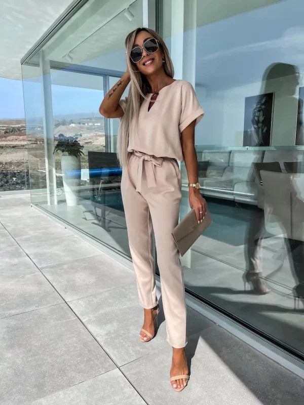 Summer Jumpsuit Solid Color Short Sleeve V-neck Pocket Lace-up Pencil Long Pants
