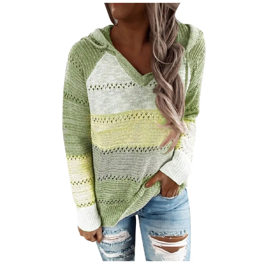 Plus Size 5XL Autumn Winter Women's Pullover Fashion Patchwork Long Sleeve Knit Sweater Tops Women Crochet Hollow Hooded Sweater