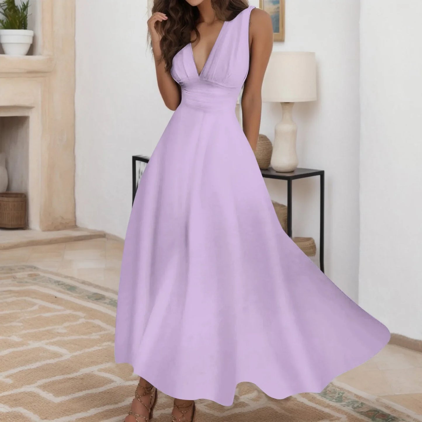 Sleeveless V Neck Side Zipper Long Dress Elegant Sundress