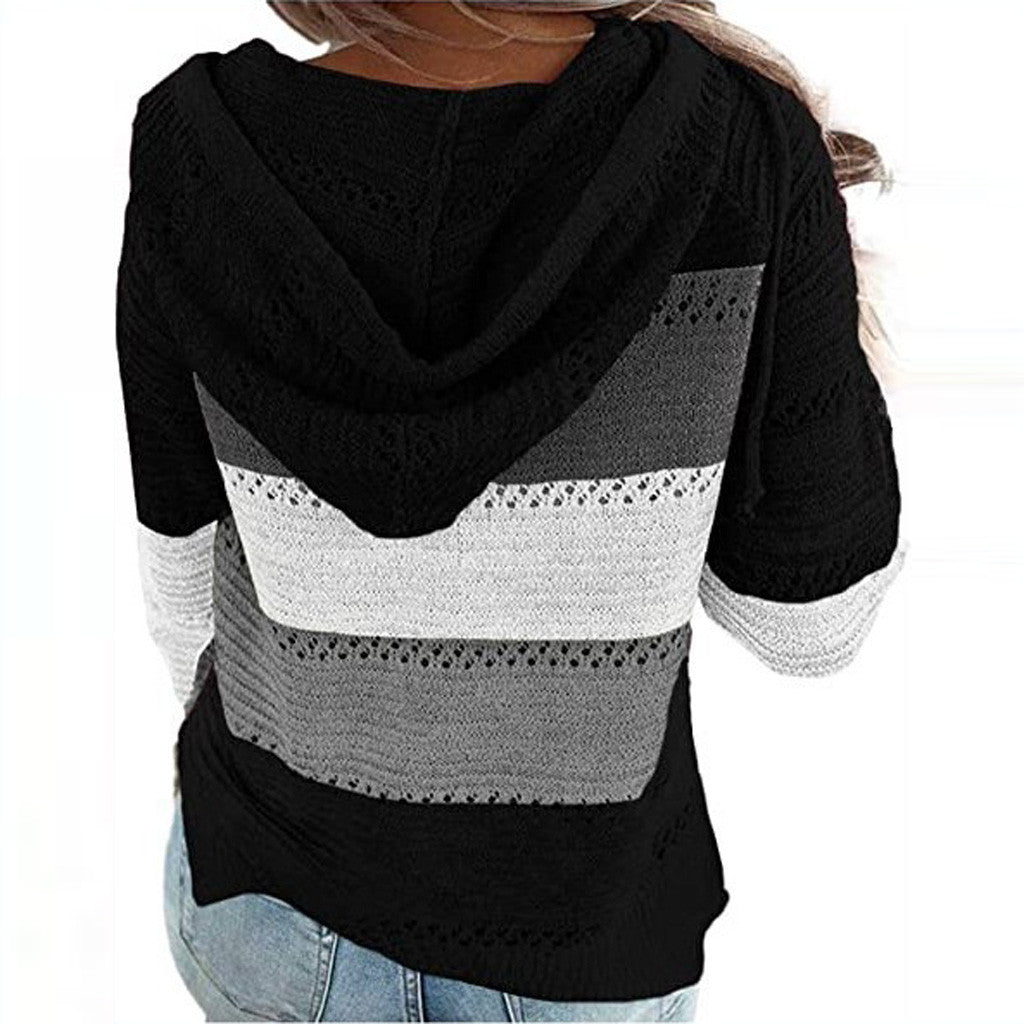 Plus Size 5XL Autumn Winter Women's Pullover Fashion Patchwork Long Sleeve Knit Sweater Tops Women Crochet Hollow Hooded Sweater